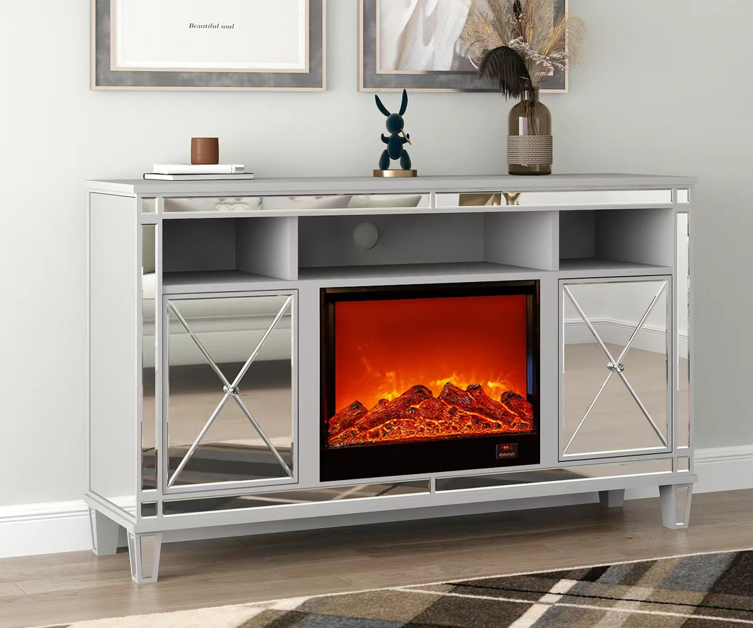 Meuble TV SPEZIA avec cheminée intégrée 150x40x90 cm #couleur_miroir