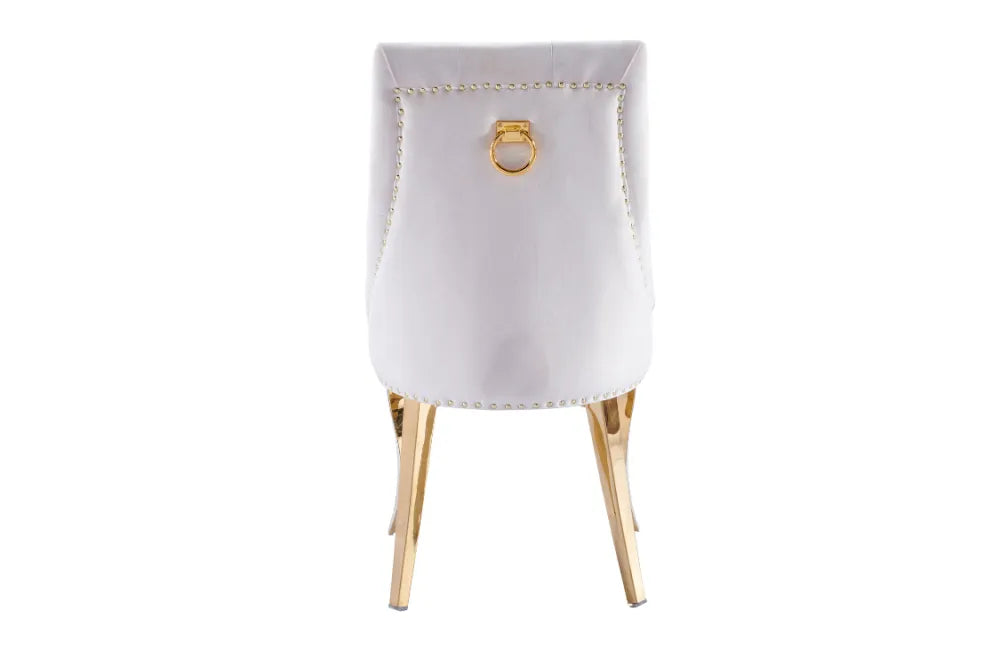 Lot 2 Chaises Salle à Manger Anneau Velours Écru Capitonnées Cloutées Pieds Gold