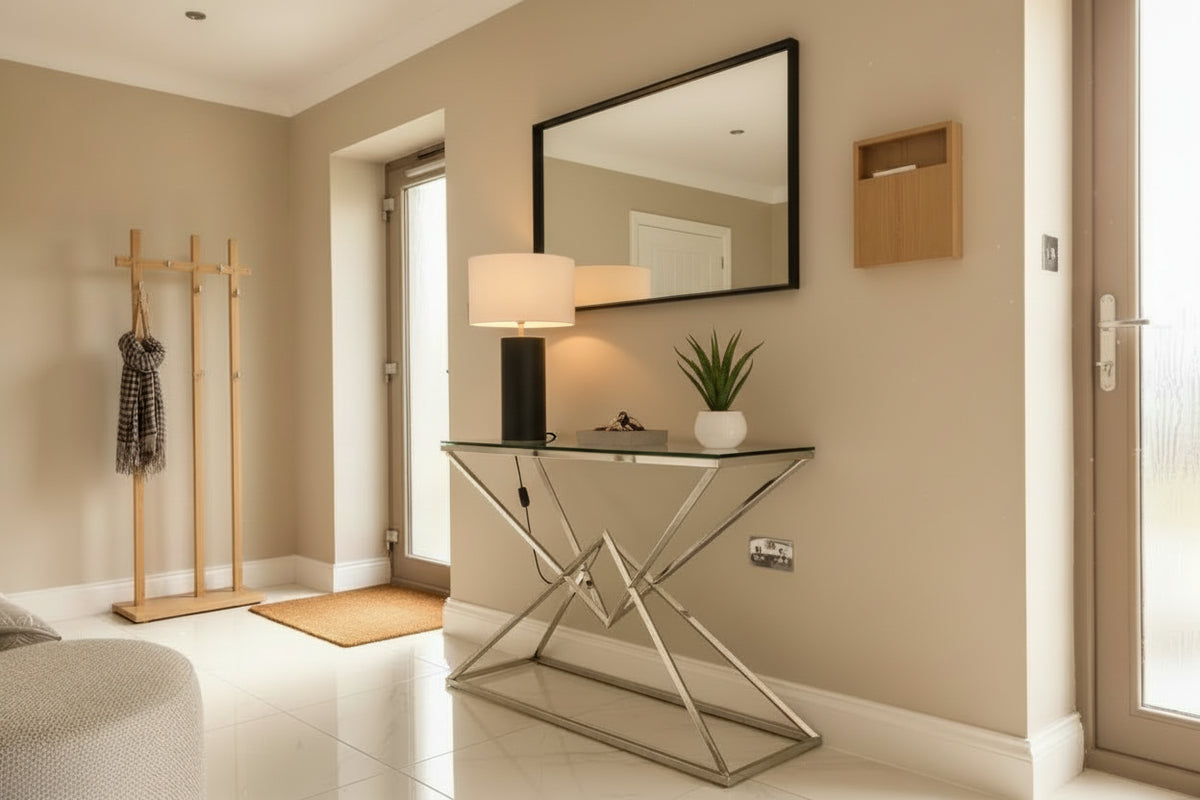 Console PYRAMID en verre Transparent 120x40x78 cm #couleur_chrome