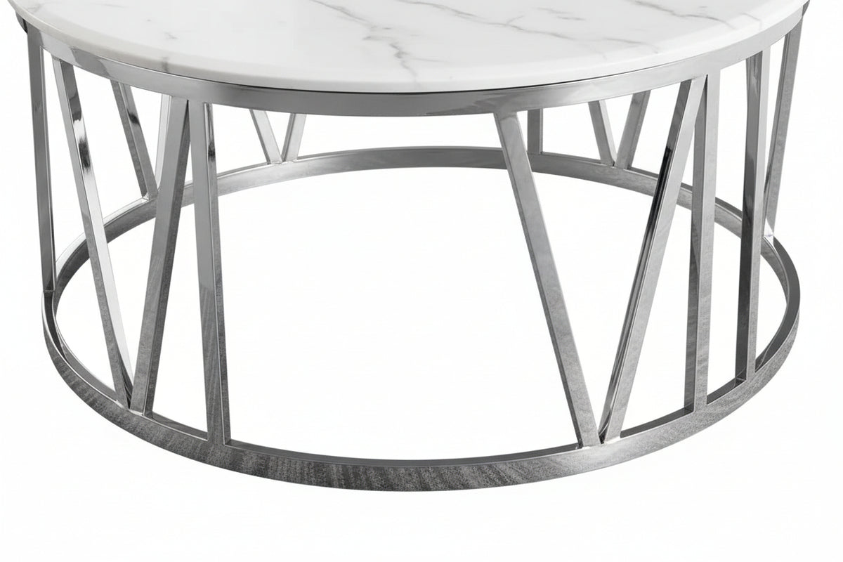Table Basse ATMOS Ronde Plateau Verre Trempé Marbré Blanc Pieds Chrome D80x45cm