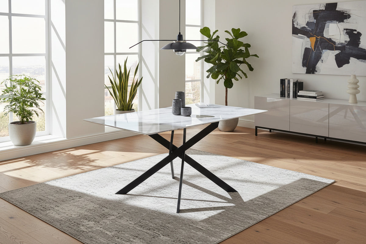 Table à Manger Rectangulaire Verre Marbré Blanc 150 cm JESSICA