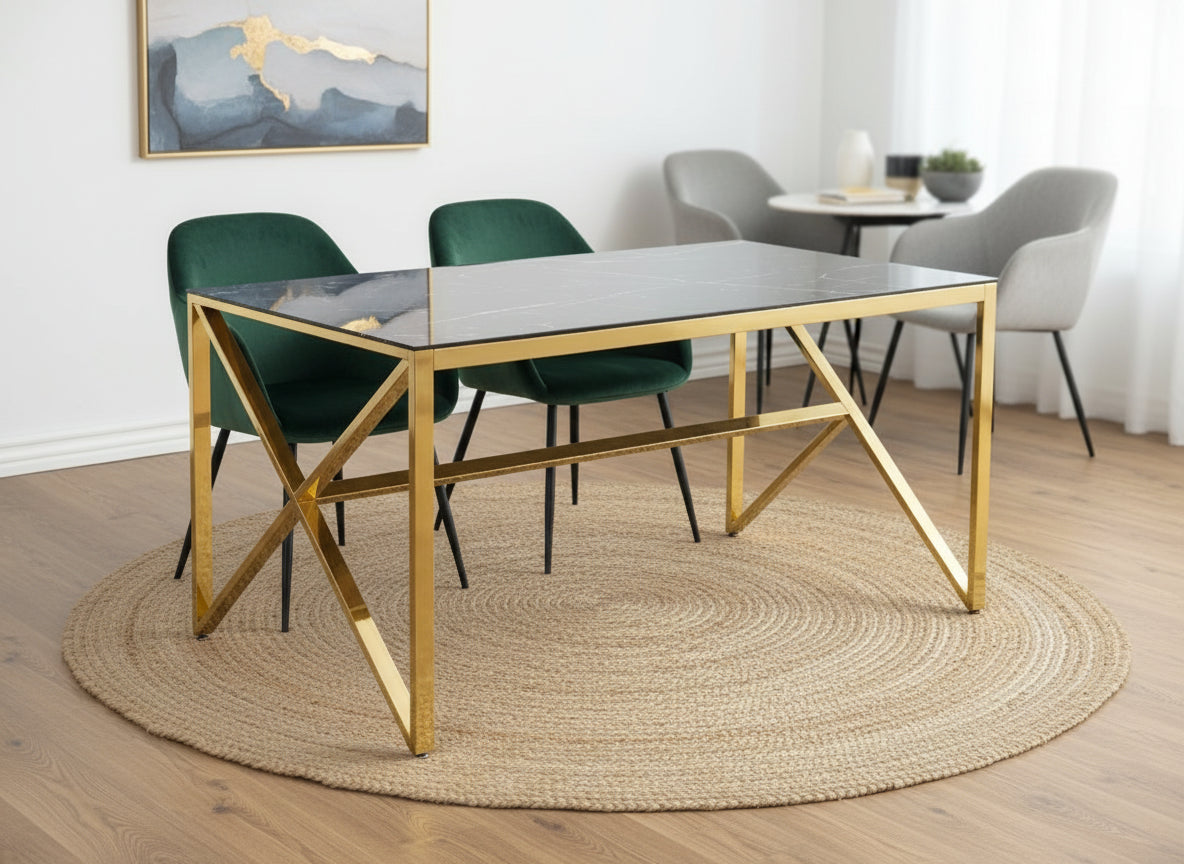 Table à Manger Gold Verre Trempé Marbré Noir – 150×90 cm – MAJESTIQUE