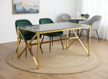Table à Manger Gold Verre Trempé Marbré Noir – 150×90 cm – MAJESTIQUE