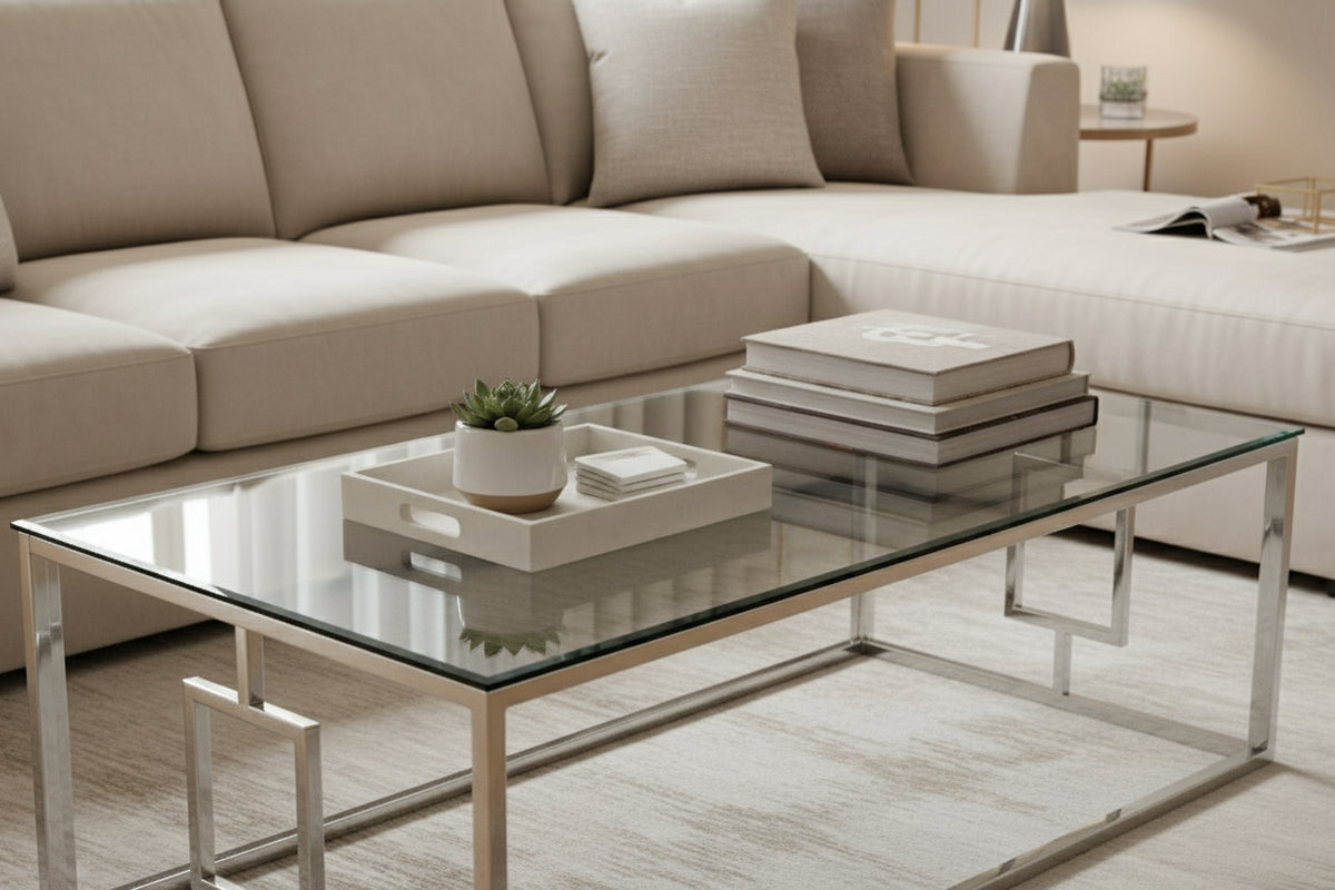 Table basse SOPHIE  pieds Chromé  plateau transparent 120 cm