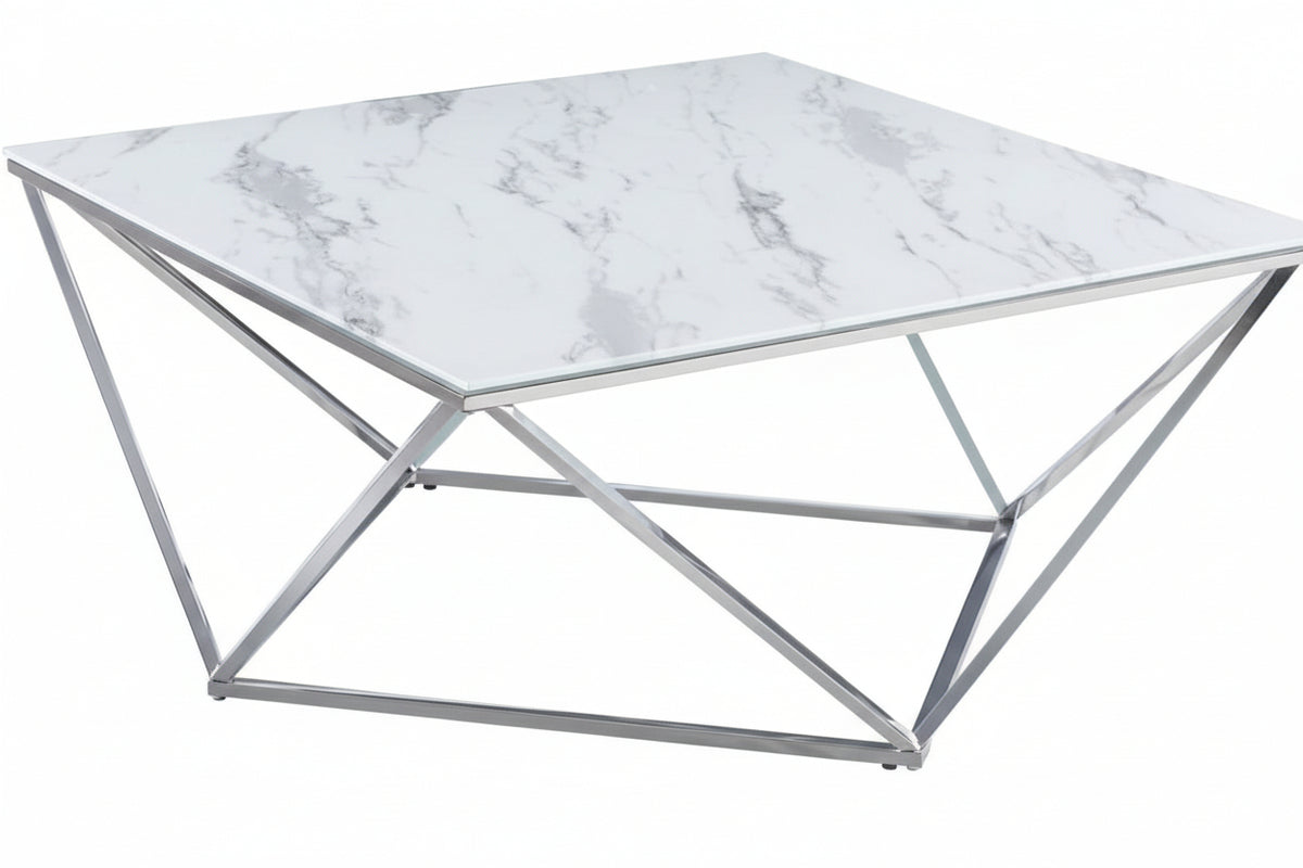 Table Basse ALINA Carrée Plateau Verre Trempé Marbré Blanc Pieds Chrome 80x80x45cm