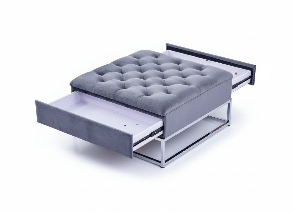 Table basse pouf velours gris 80x80 cm - CAPITONNE