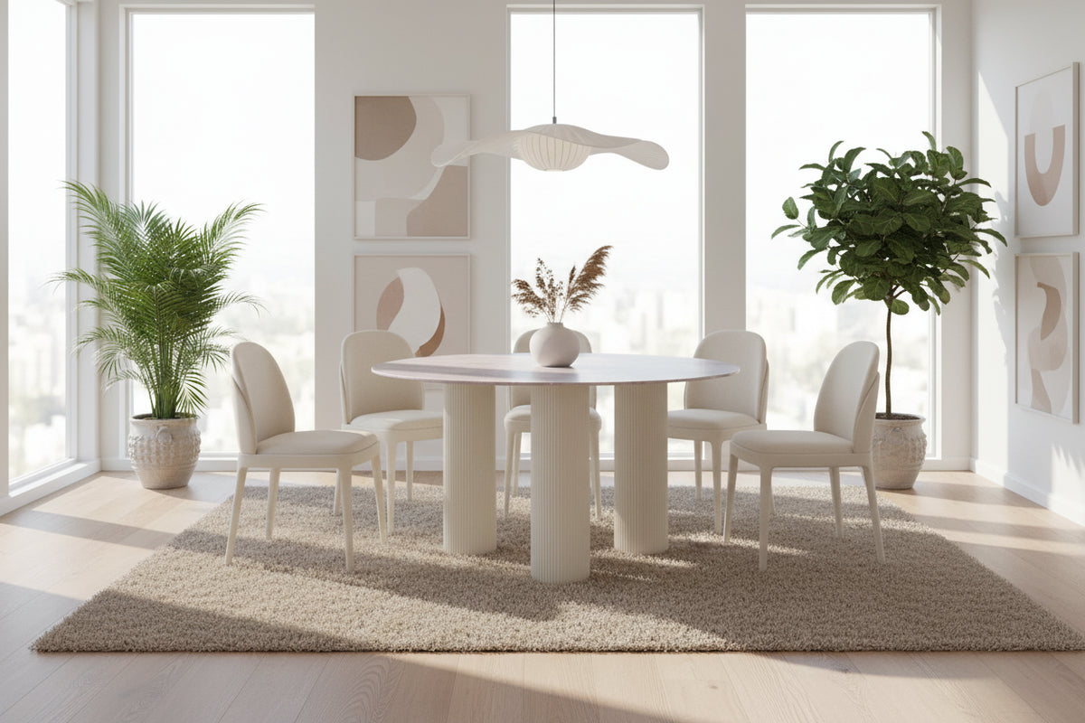 Table repas ANAIS pieds beige plateau céramique 120 cm #couleur_marbré-gris
