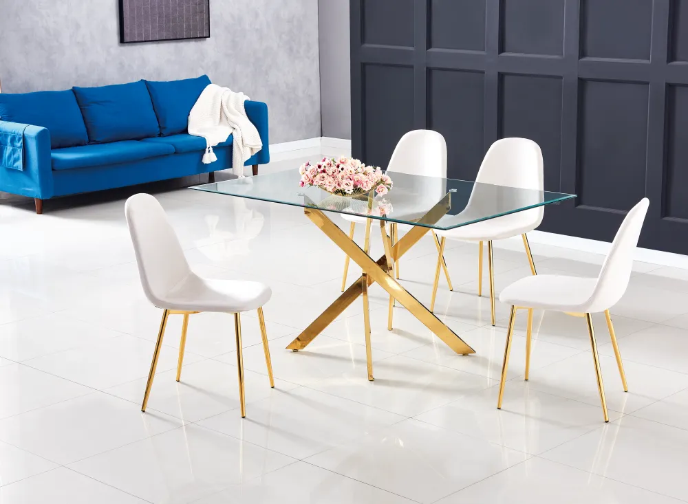 Table Repas JESSICA Gold et plateau en verre 150 cm 4 à 6 couverts transparent