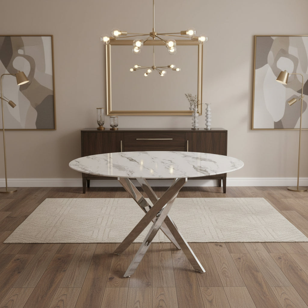 Table à manger ronde JESSICA MARBRE BLANC pieds chrome XXL 120 cm 4 couverts