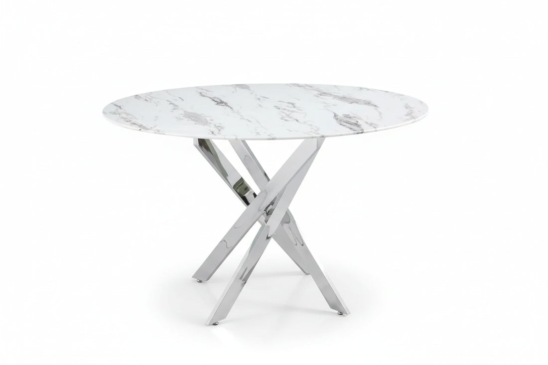 Table à manger ronde JESSICA chrome 100 cm 4 couverts #couleur_marbré-blanc