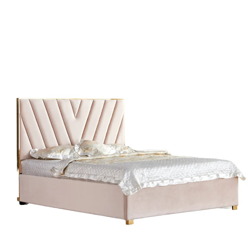 Lit Adulte Vera 140x190 cm Velours Beige Sommier Inclus Pieds Acier Gold