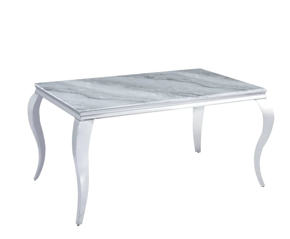 Table à manger BAROQUE 6 à 8 couverts pieds chrome plateau en verre 180x90 cm #couleur_marbré-noir