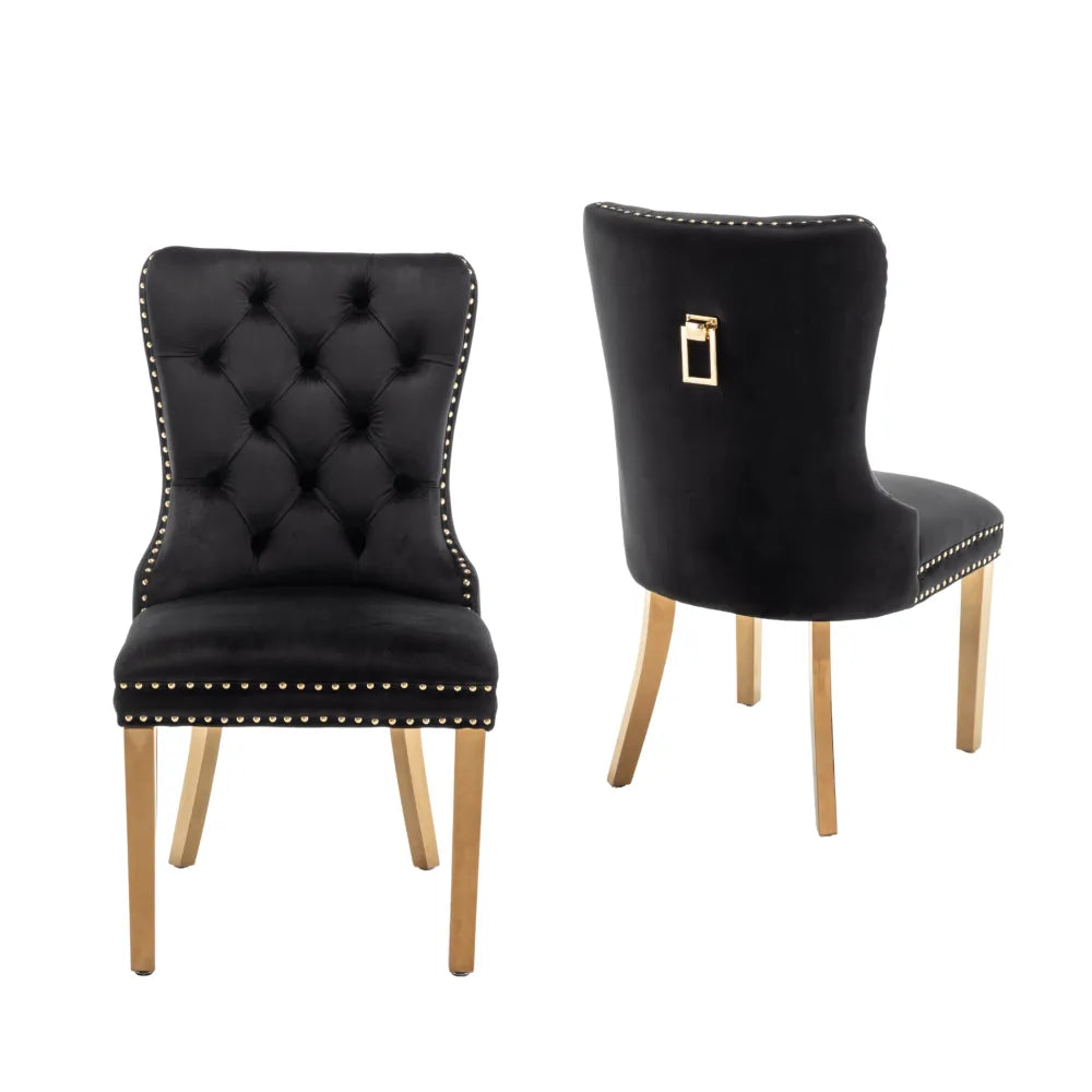 Lot de 2 chaises POIGNEE Clouté en velours pied Gold #couleur_noir
