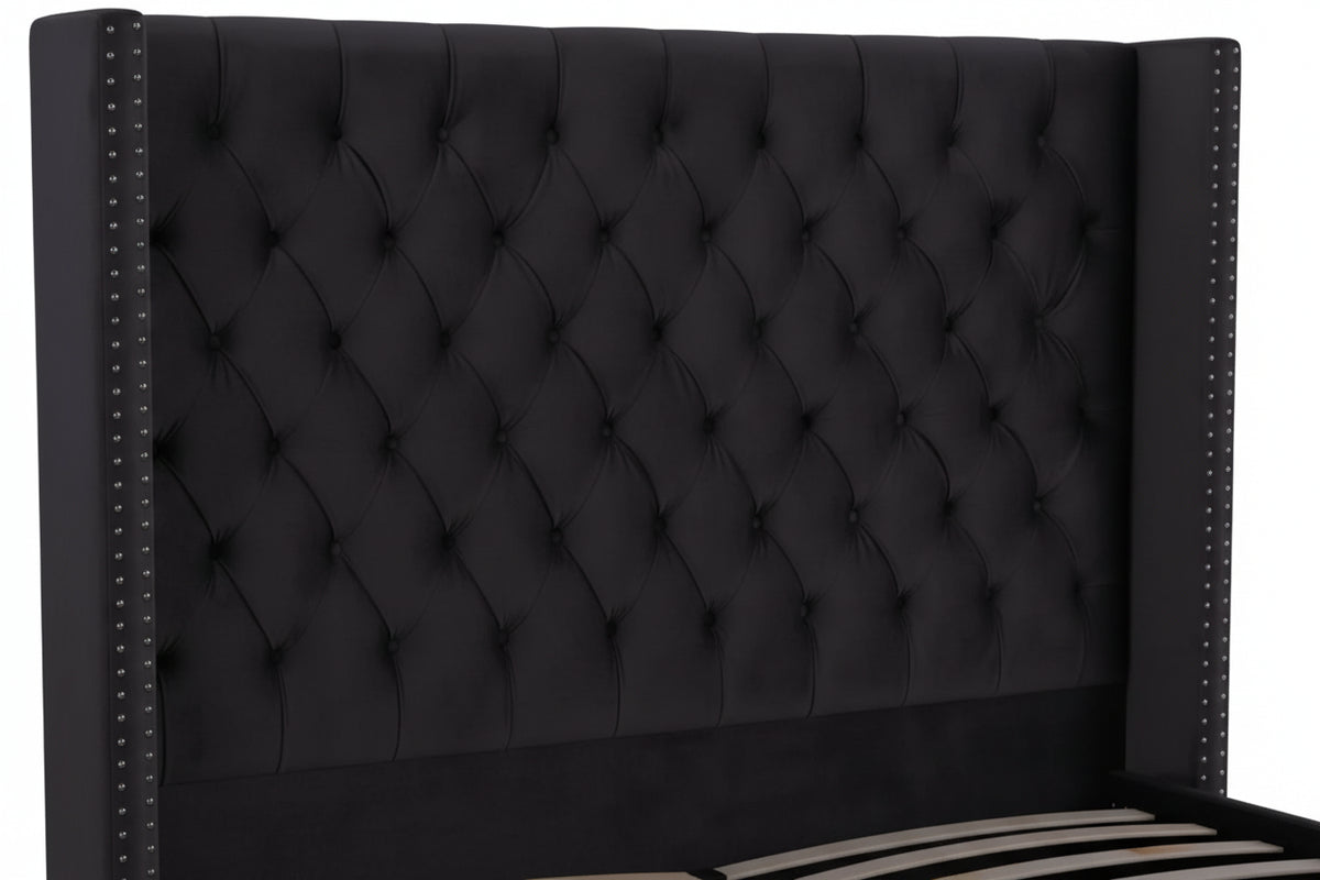 Lit double 180x200 cm velours noir tête capitonnée sommier inclus PRINCESSE