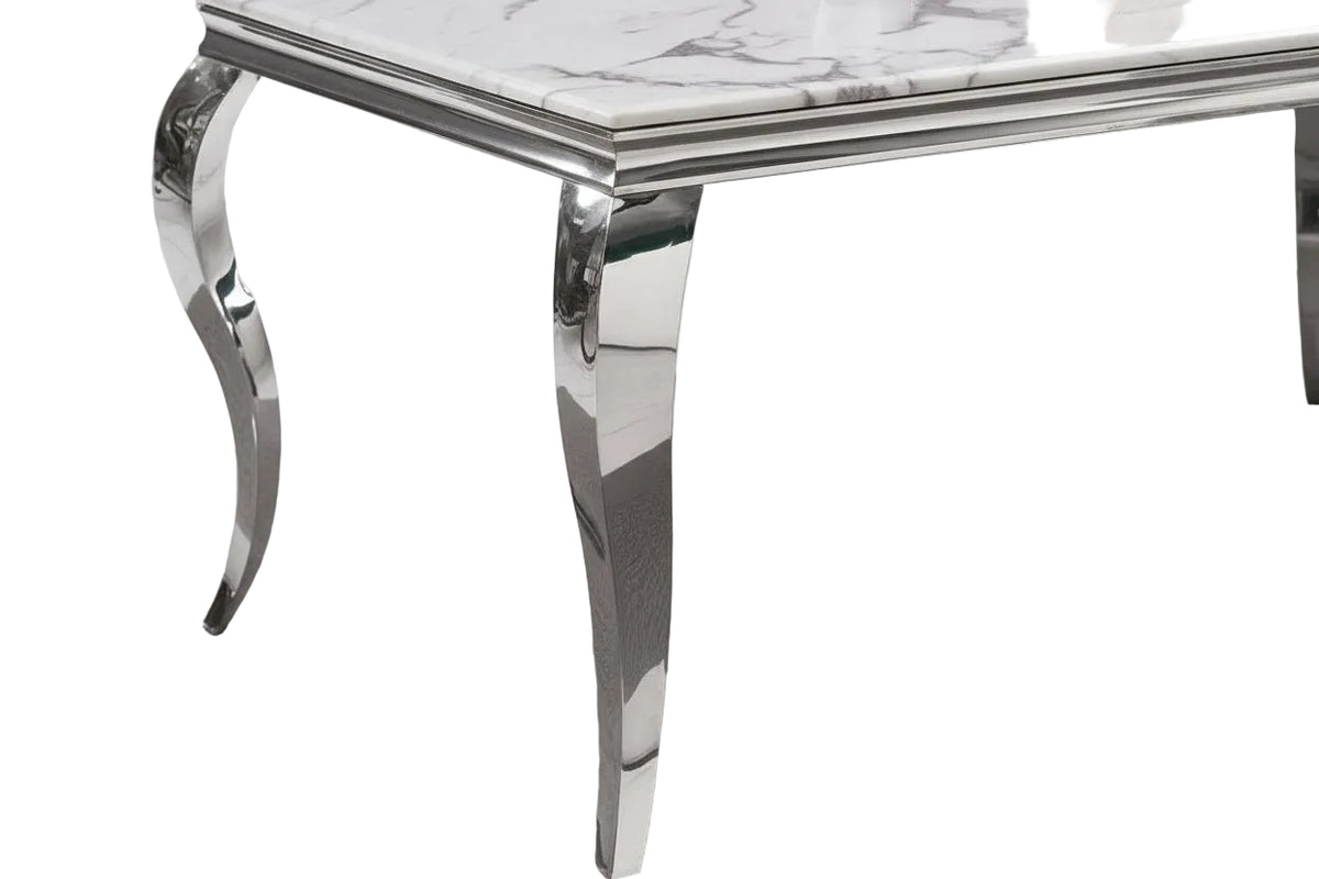 Table à manger verre effet marbre blanc chrome 180x90 cm BAROQUE