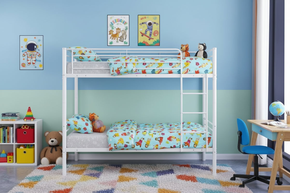Pack Lit superposé séparable métal 2 couchages 90x190 cm blanc + 2 matelas LUNA