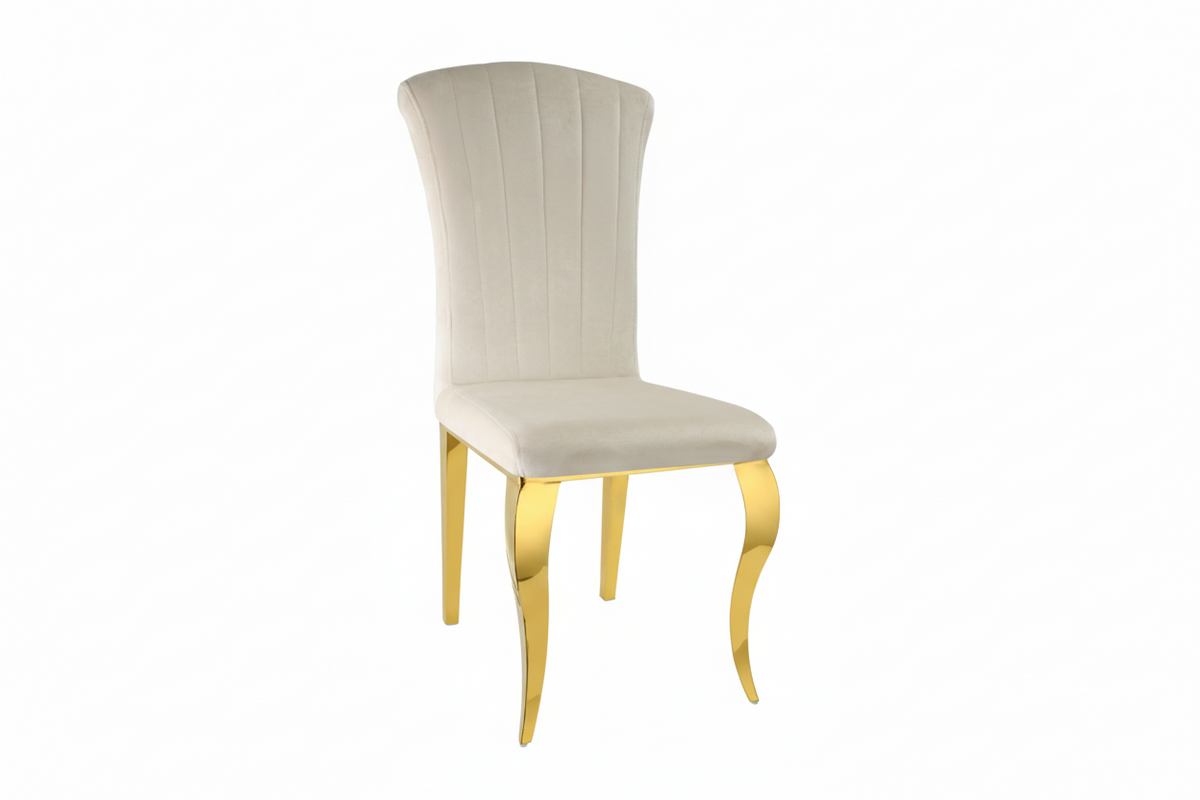 Ensemble Table à manger 180cm Plateau Marbré + 6 Chaises Velours Beige Pieds Gold #couleur_beige
