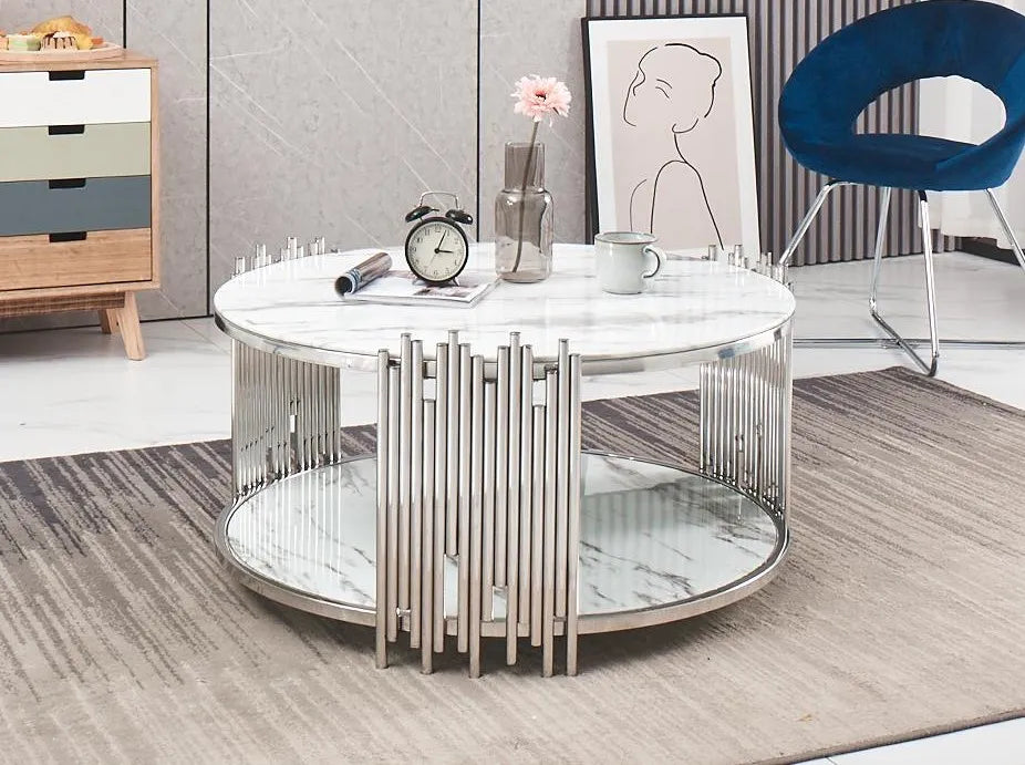 Table Basse ronde STICK Chrome et plateau en verre MARBRE BLANC D90 H45 cm