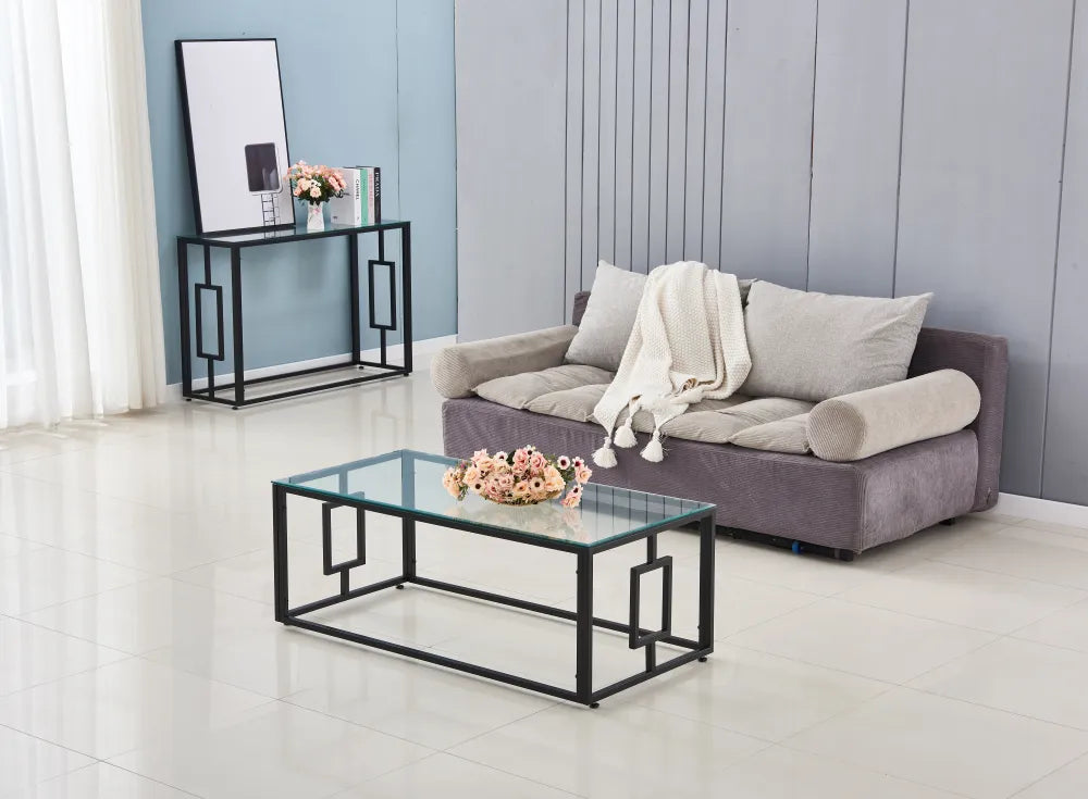 Table Basse SOPHIE Pieds Métal Noir Plateau Verre Trempé Transparent 120x60x45cm