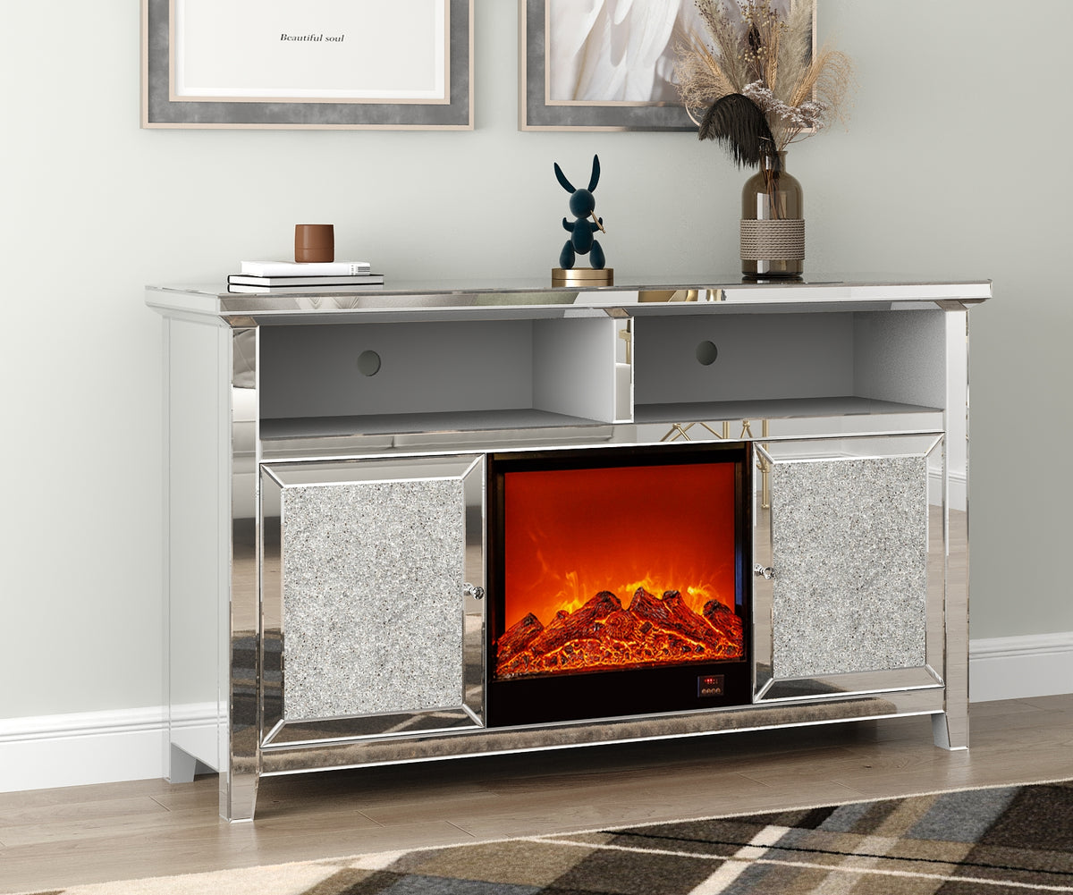 Meuble TV ÉTINCELLE miroir avec cheminée 146x40x85 cm #couleur_miroir