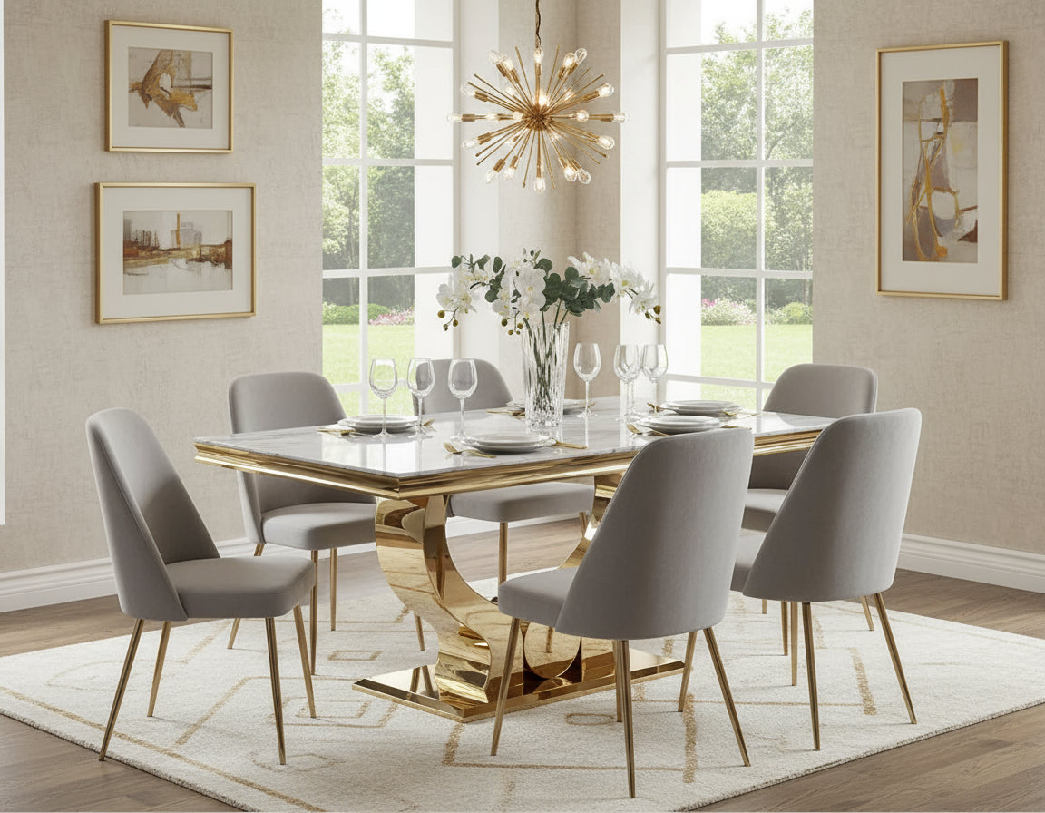 Table à manger TROFY 6 à 8 personnes gold verre MARBRE BLANC 180x90 cm