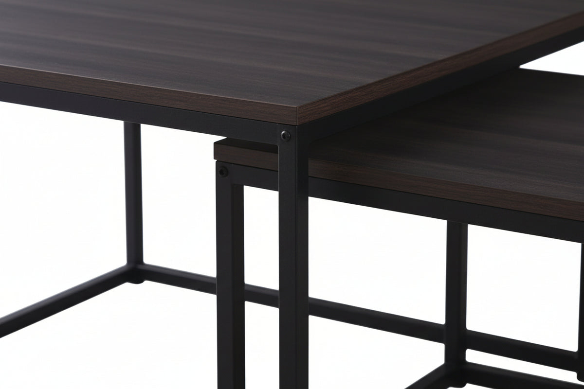 Lot 2 Tables Basses Gigognes BELGRADE Métal Noir Plateau Bois Noir 70x70x46 / 50x50x40cm