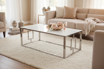 Table basse SOPHIE  pieds Chromé plateau en marbré blanc  120 cm