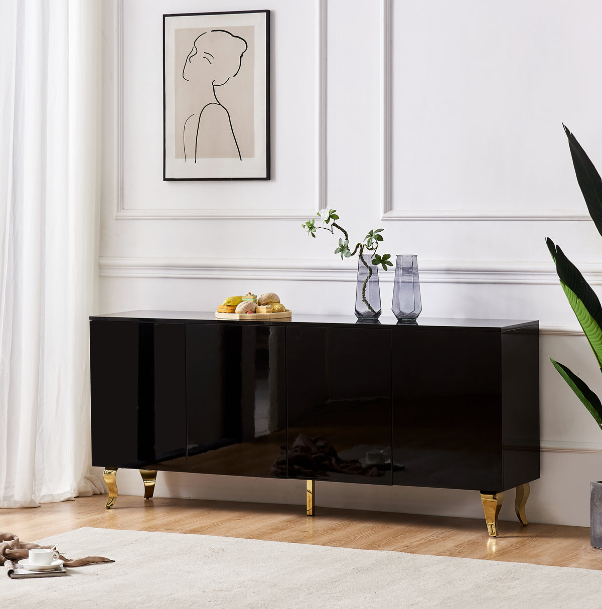 Buffet BAROQUE – Laqué Noir Pieds Dorée – 4 Portes – 180x40x80 cm