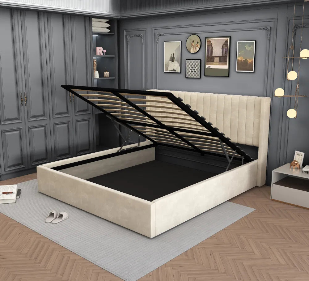 Lit coffre 160x200 – Velours Beige | Sommier Inclus