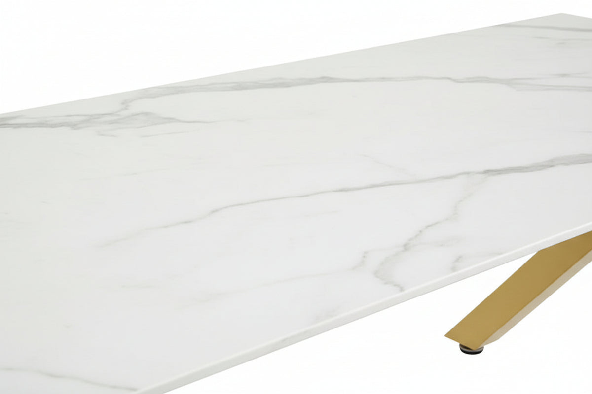Table Basse IXE Métal Gold Plateau Verre Trempé Marbré Blanc 120x60x45cm