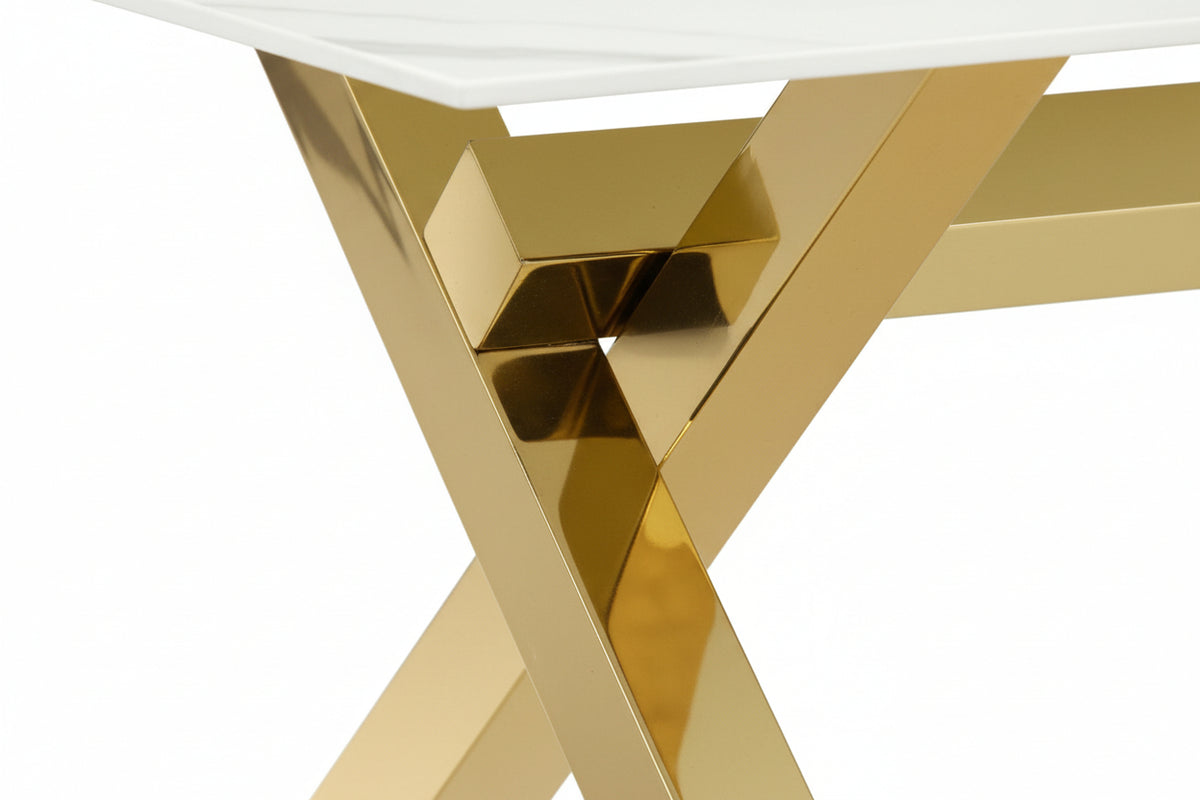 Table Basse IXE Métal Gold Plateau Verre Trempé Marbré Blanc 120x60x45cm