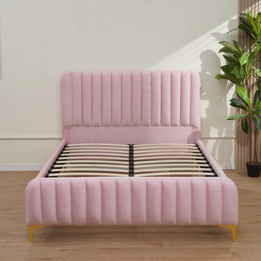 Lit 2 places velours rose sommier inclus 160x200 cm FAYE