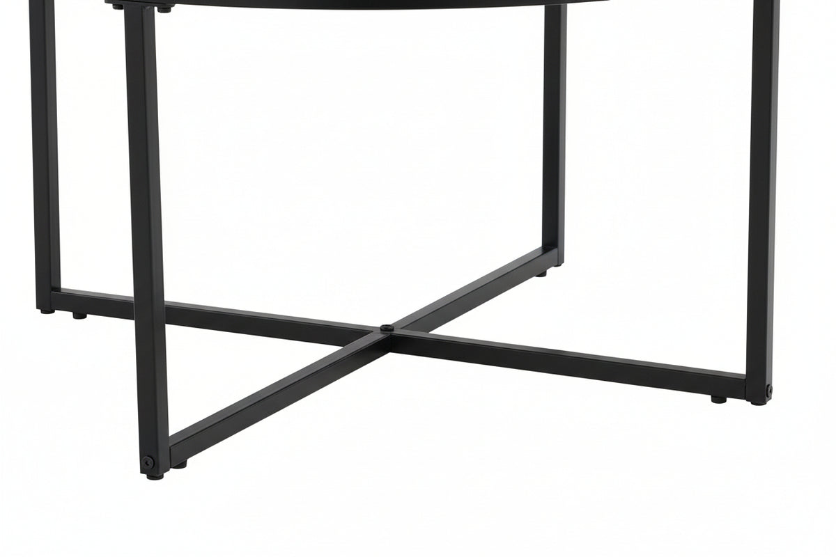 Table Basse LORIE Ronde Plateau Verre Trempé Miroir Structure Métal Noir D90x45cm
