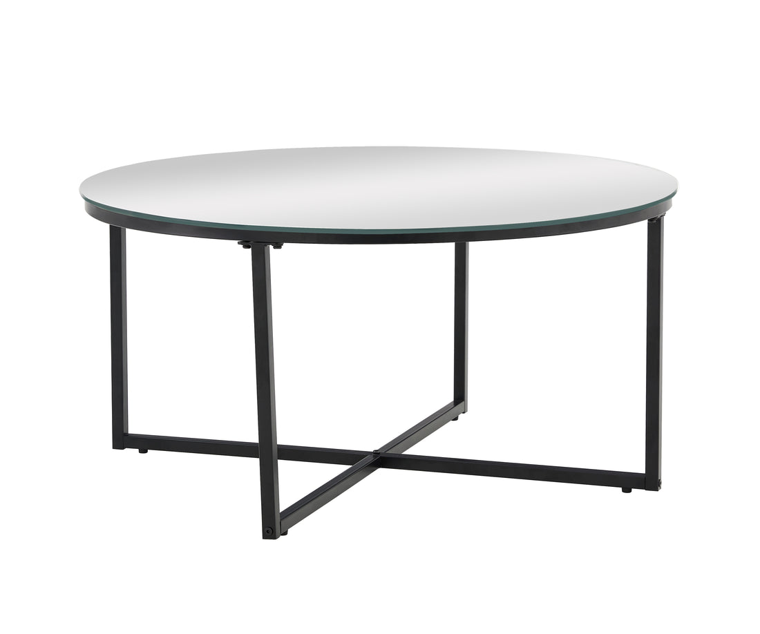Table Basse LORIE Ronde Plateau Verre Trempé Miroir Structure Métal Noir D90x45cm