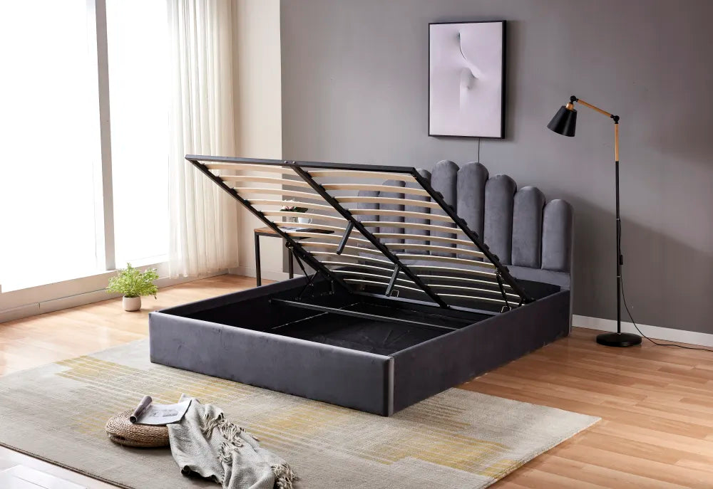 Lit coffre 2 places 160x200 cm DOHA sommier coffre intégré #couleur_gris