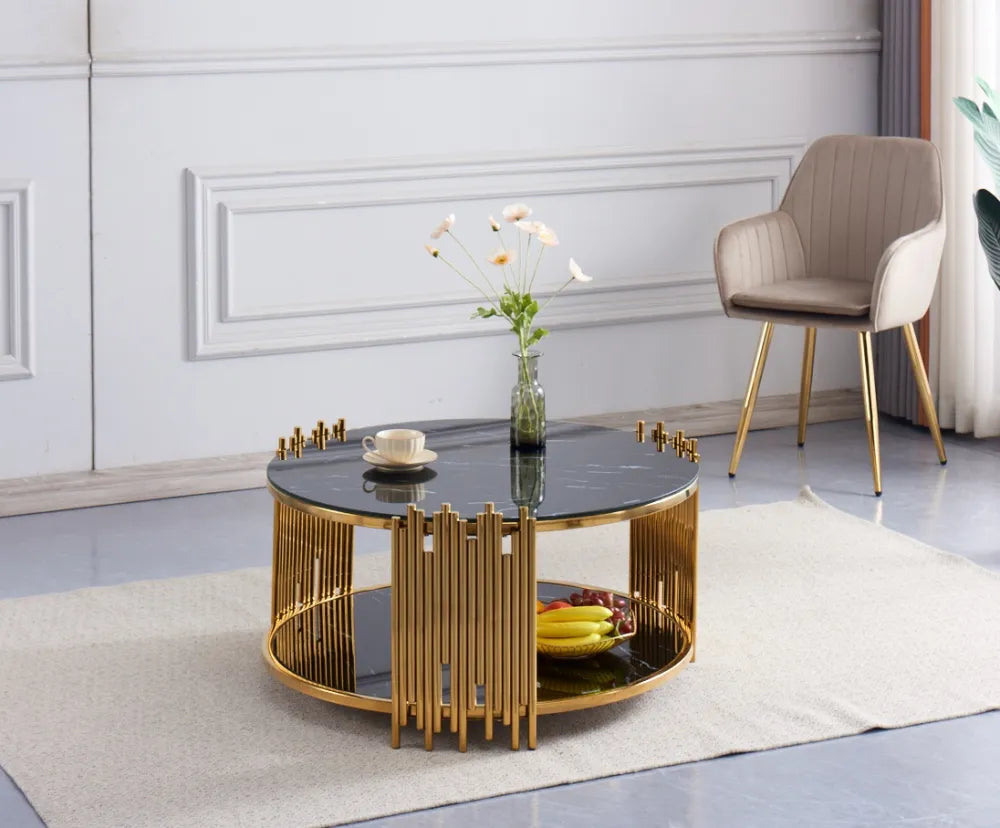 Table Basse ronde STICK Gold et plateau en verre MARBRE NOIR D90 H45 cm
