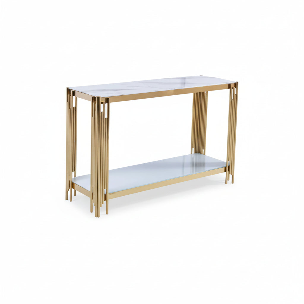 Console FLUTE Gold plateau en verre 120x40x78 cm #couleur_marbré_blanc