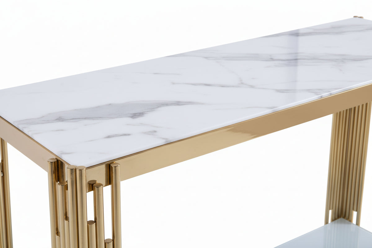 Console gold verre marbré blanc 120x40x78 cm FLUTE