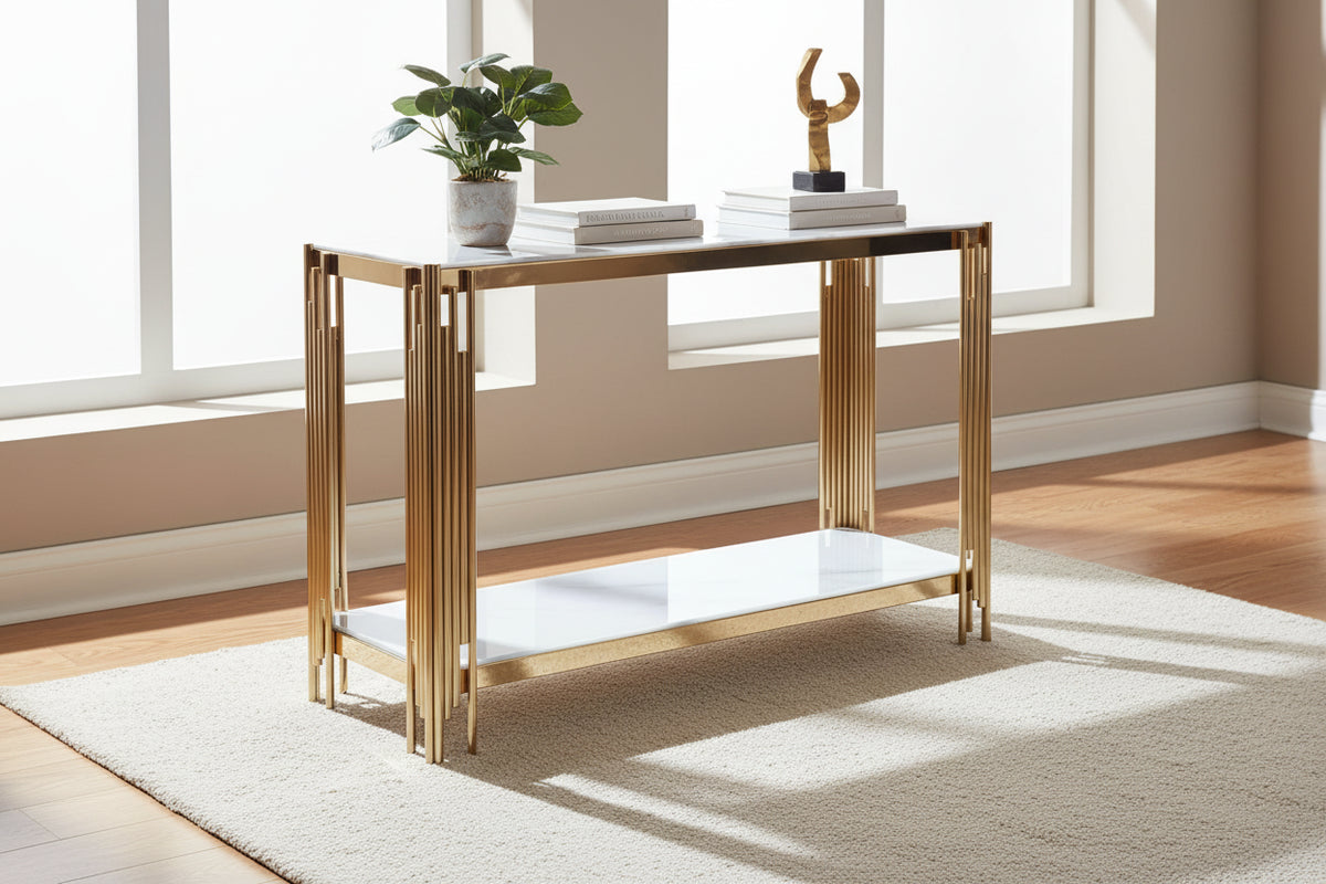 Console gold verre marbré blanc 120x40x78 cm FLUTE