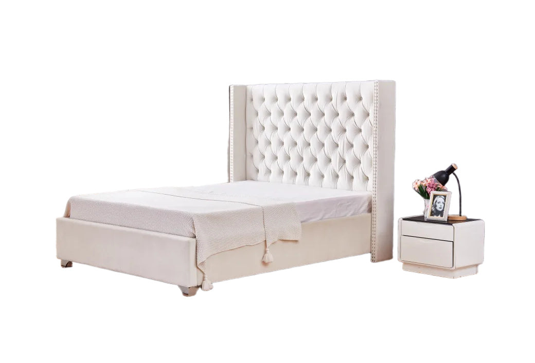 Lit double 180x200 cm velours nude tête capitonnée sommier inclus PRINCESSE