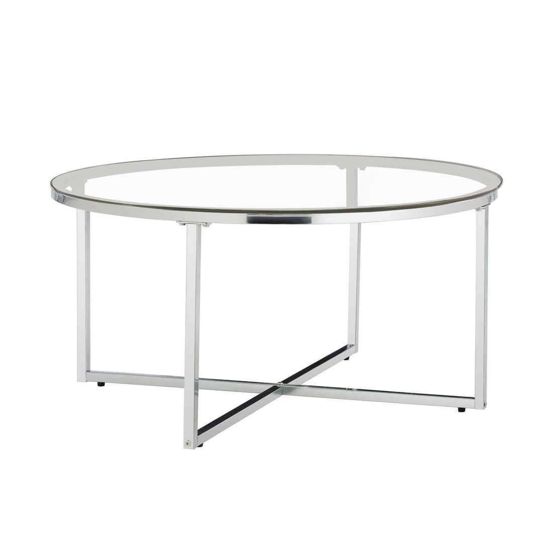 Table Basse LORIE Ronde Plateau Verre Trempé Transparent Structure Métal Chrome D90x45cm