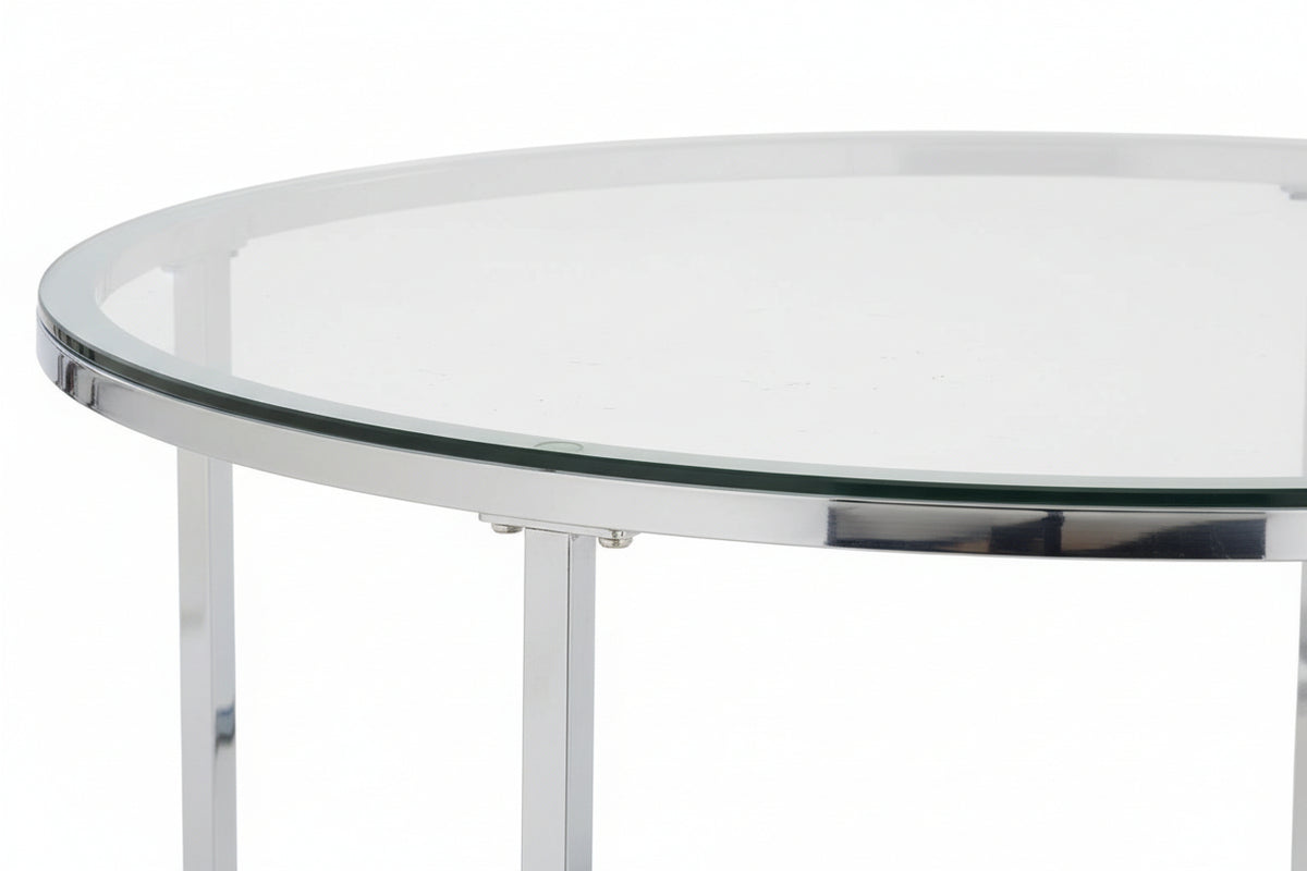 Table Basse LORIE Ronde Plateau Verre Trempé Transparent Structure Métal Chrome D90x45cm