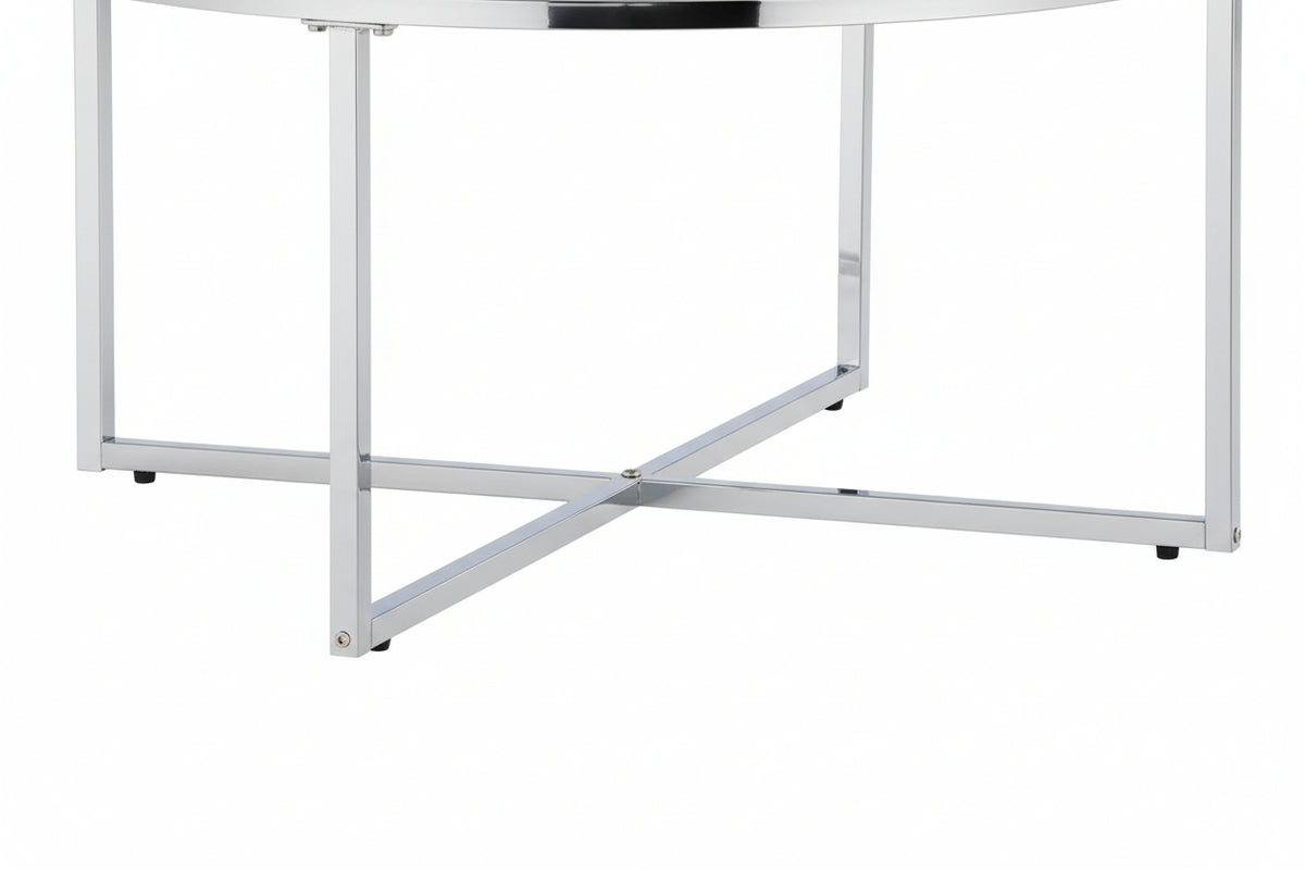 Table Basse LORIE Ronde Plateau Verre Trempé Transparent Structure Métal Chrome D90x45cm