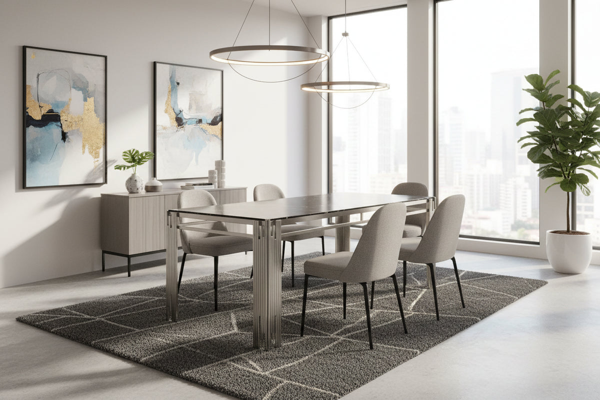 Table à manger XXL FLUTE Chrome Plateau en verre Marbré 180 cm #couleur_marbré-noir