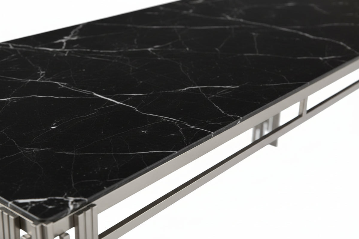 Table à manger verre marbré noir pied métal chrome 180x90 cm FLUTE