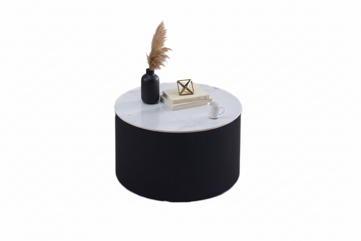 Table Basse VALMY Pieds Métal Noir Plateau Céramique Marbré Blanc D90xH45 cm