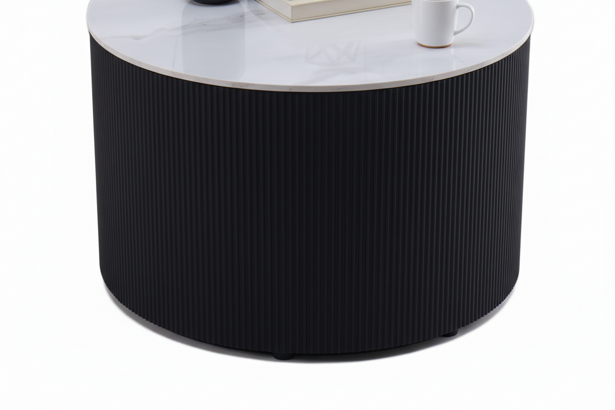 Table Basse VALMY Pieds Métal Noir Plateau Céramique Marbré Blanc D90xH45 cm