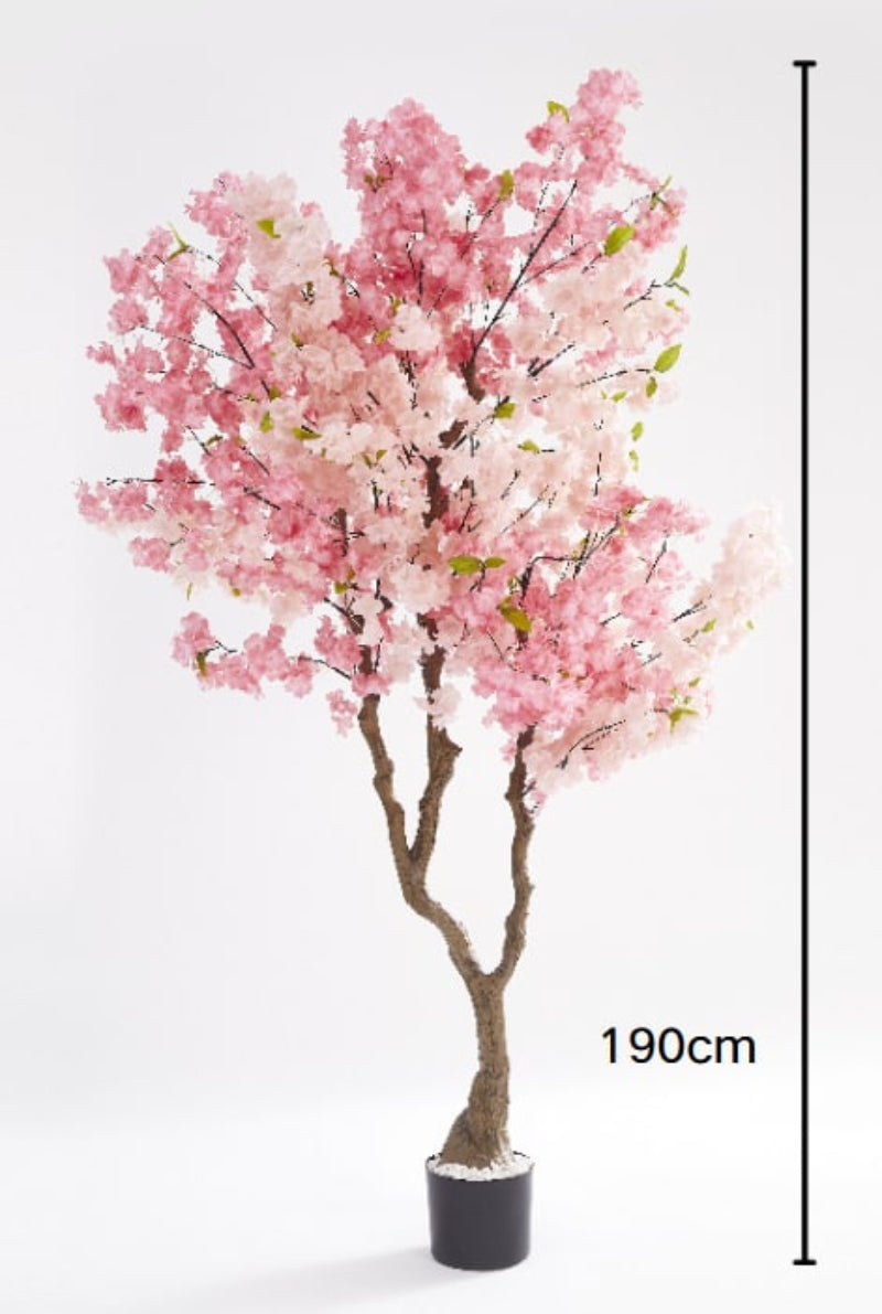 CERISIER ARTIFICIEL FLEUR ROSE POT ET GRAVIERS BLANCS INCLUS 190CM