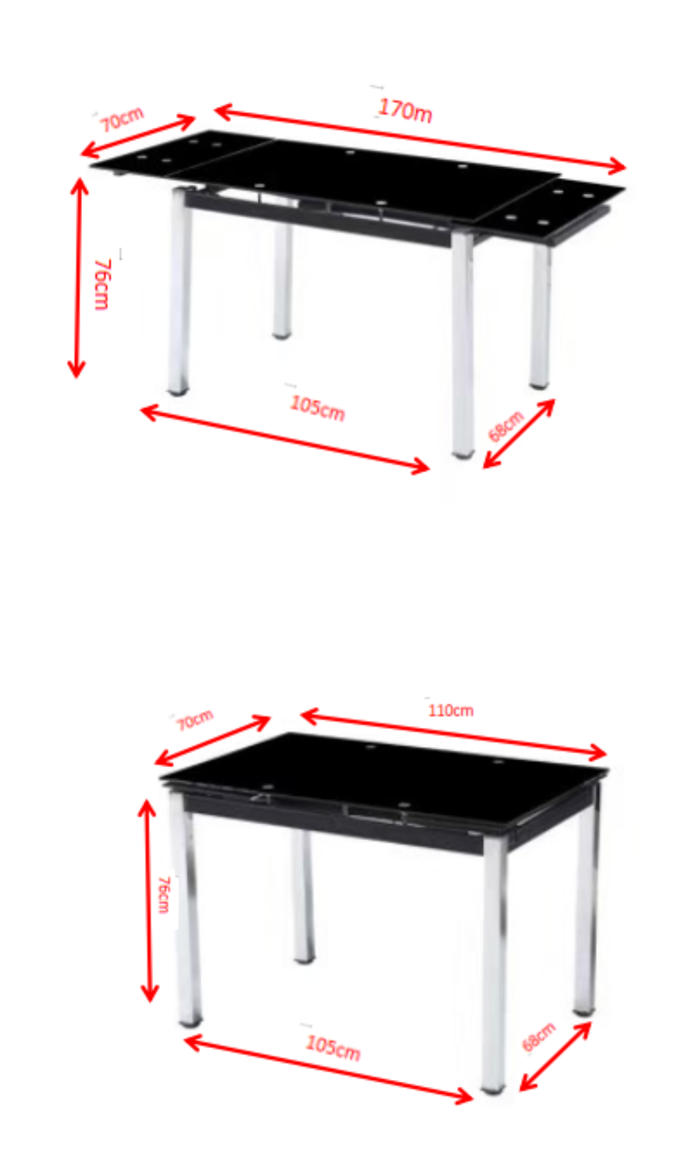 Table extensible en verre trempé noir 110/170 cm pieds métal – BORA #couleur_noir