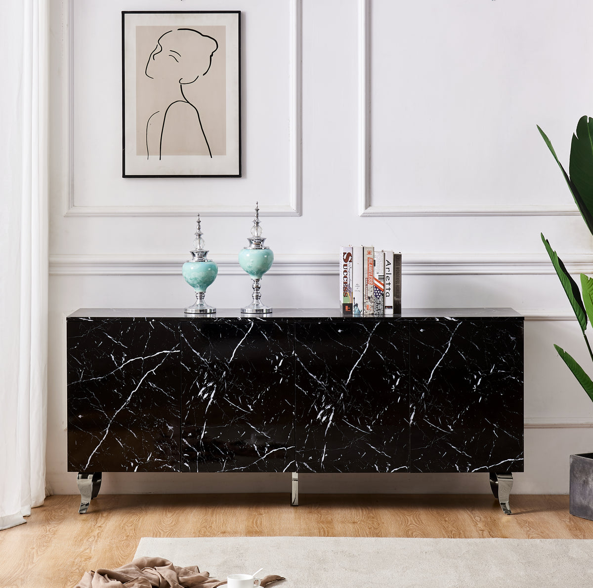 Buffet BAROQUE laqué marbre noir 180x40x80 cm #couleur_chrome_marbre_noir
